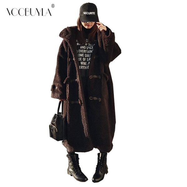 

women's wool & blends voobuyla plush coat winter lambwool trench coats horn button thicken warm elegant camel outerwear long faux fur j, Black