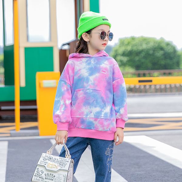 

baby girls pink tie dye hoodies teenage girl long sleeve hooded sweatshirts pullover autumn toddler kids korean hoodie teen, Black