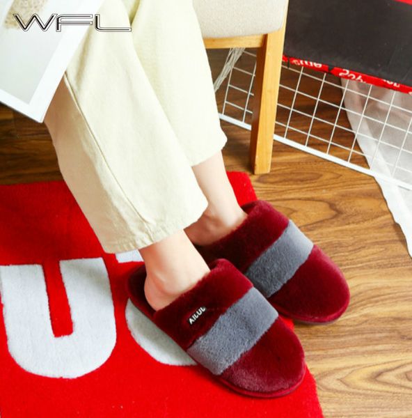 

wfl 2020 women shoes winter warm plush household at home slippers thick-soled anti-slip women and men couples cotton shoes, Black