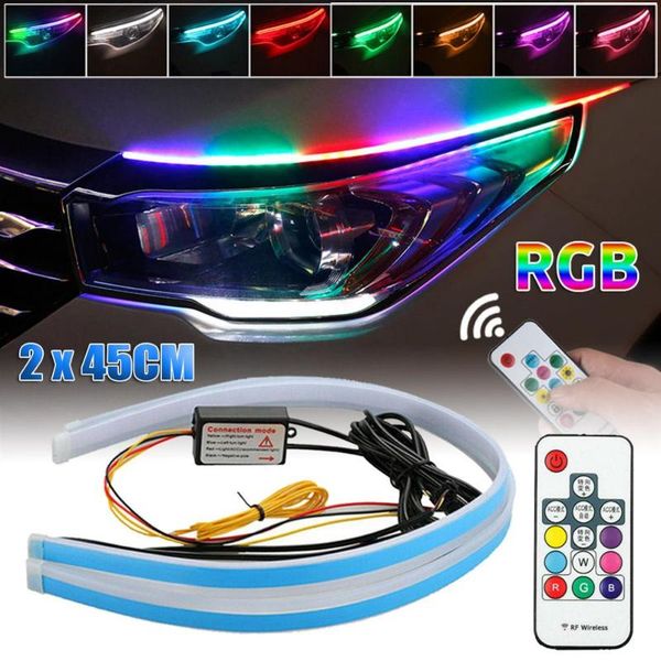 

2 pcs colorful car rgb led drl remote light daytime running turn signal light strip 45cm