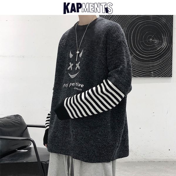 

men's sweaters kapments men patchwork striped winter knitted sweater 2021 korean fashions mens harajuku male vintage pullover, White;black