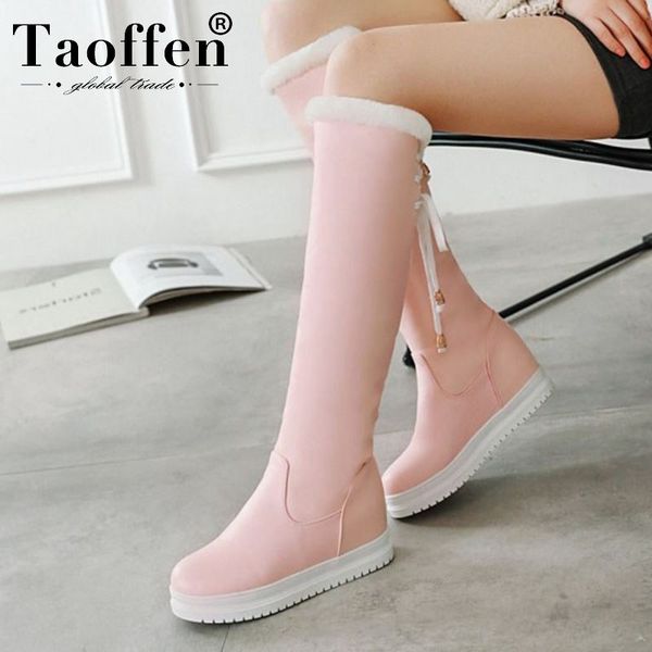 

taoffen women new arrival plush fur knee high boots lace up winter keep warm fashion boots daily shoes footwear size 34-43, Black
