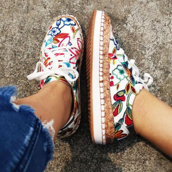 

women graffiti casual shoes fashion flower print round toe lace up platform shoes vintage low heel female streetwear d30, Black