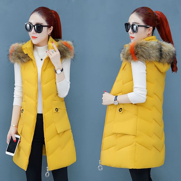 

length women's sleeveless jacket 2020 new autumn winter coat women jacket removable hat large fur collar warm women's clothing, Black;white