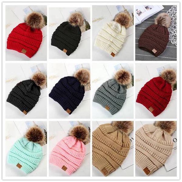 

large ball winter wool warm women knitted cc hat pom poms crochet beanie ski cap bobble fleece cable big kids hats 12 colors 50pcs, Yellow