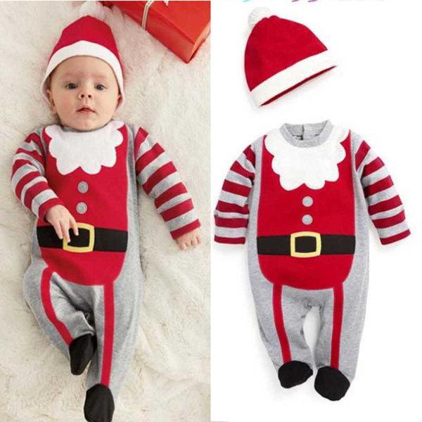 

2020 new santa claus jumpsuit for boy girls christmas costumes romper with hat infant baby 2pcs clothing set, White