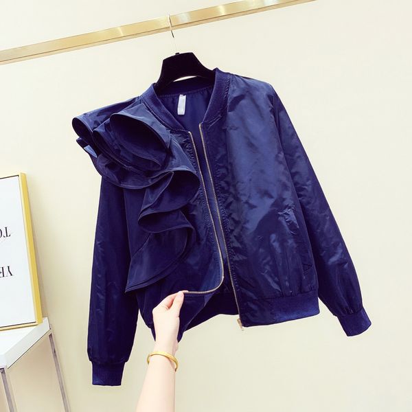 

women's jackets 2021 korean autumn jacket woman short loose zipper v collar lotus-leaf small coat girls lady slim coats, Black;brown