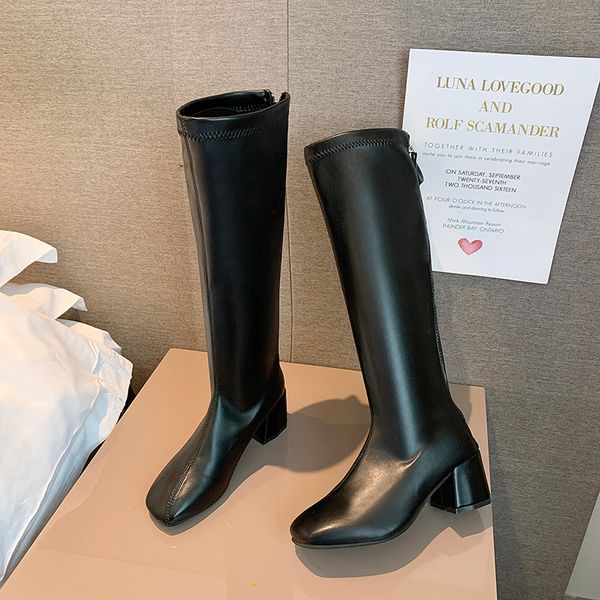 

women's leather boots booties woman 2020 low heel thigh high heels high autumn shoes round toe luxury designer winter, Black