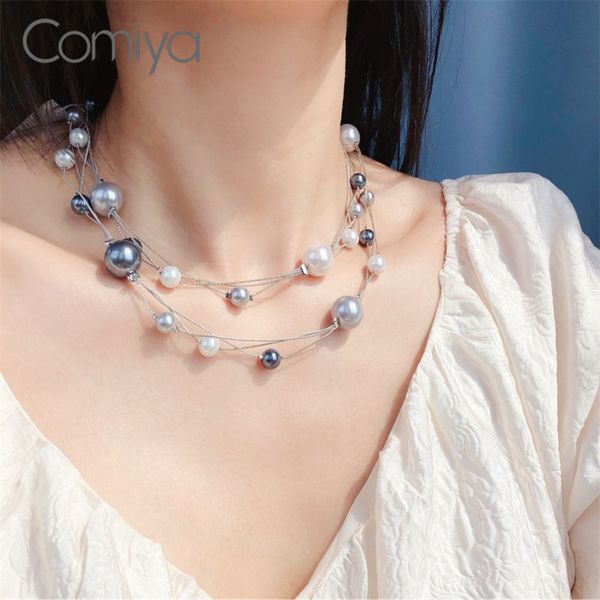 

chokers comiya necklaces for women zinc alloy silver color long links chains acrylic pearls beads pendant maxi necklace mujer collier, Golden;silver