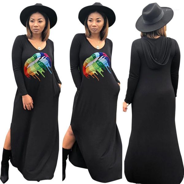 

colorful lip printed long dresses autumn new women designer casual dress spring hooded, Black;gray