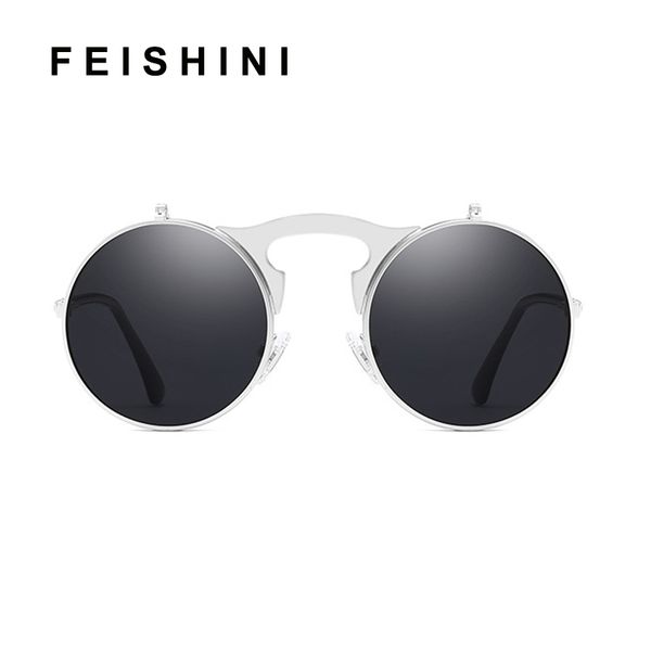 

feishini steampunk flip amphibious women sunglass round designer steam punk metal oculos coating polarized sunglasses men retro, White;black
