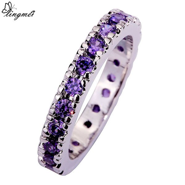

lingmei wholesale lady round hoop purple green red zircon silver color ring size 6 78 9 10 11 12 13 romantic style jewelry, Golden;silver