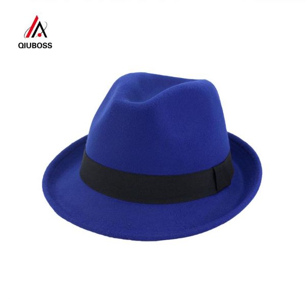 

wide brim hats qiuboss wool felt roll up short jazz fedora with black ribbon women men formal party trilby floppy hat qb39, Blue;gray