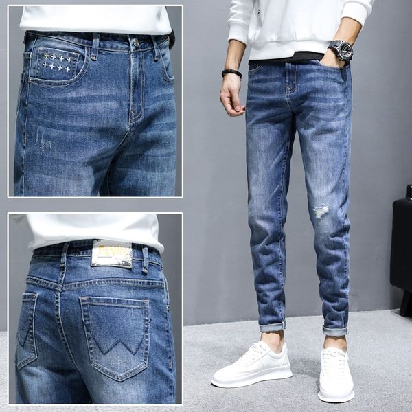 

men's jeans autumn slim high-end brand fashion little feet harem pants elasticity straight hole classic casual blue trousers