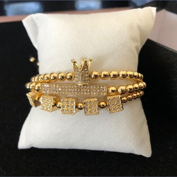 

charm bracelets 3pcs/sets luxury cz paved dice crown bar bracelet sets 5mm copper beads couple for male hand jewelry accessories, Golden;silver