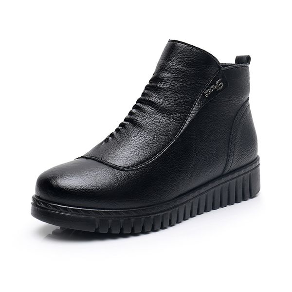 

zzpohe winter shoes women's genuine leather ankle wedge boots casual comfortable warm ladies snow boots female short, Black