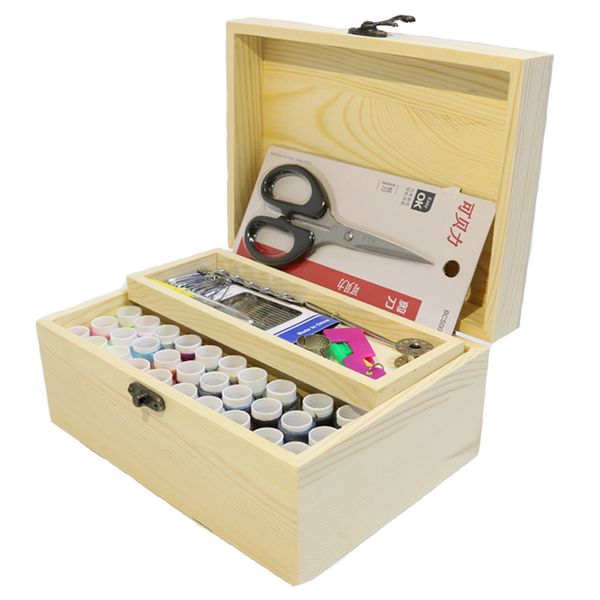 

sewing notions & tools solid wood needle box set storage box, kit tape scissor multifunction threads creative gift, Black