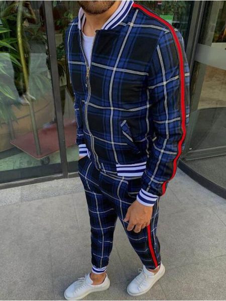 

autumn thin new style men's fashion brand slim lattice fitness sports jogging suit stand-up collar zipper sportswear 2-piece set, Gray