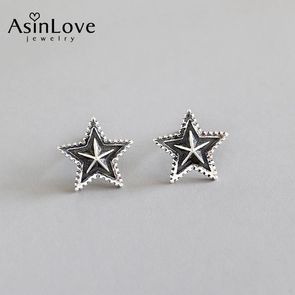 

other asinlove real 925 silver sterling personality retro star stud earrings for women handmade vintage fine jewelry, Golden;silver