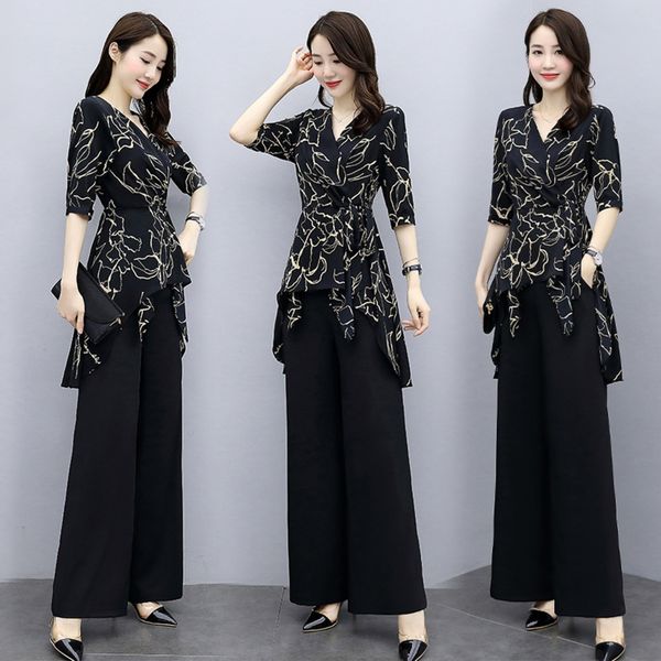 

printed western style wide-leg skirtwide leg pants suit skirt women's 2020 summer new women's clothing aging slimming temperament, Gray
