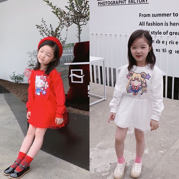 

md1561 new autumn and winter 2020 new children and girls dresssweater dress two-color cute cartoon sweater stitching mesh dress l7yb1, Black;gray
