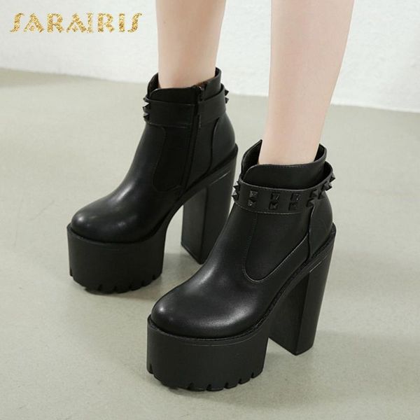 

sarairis 2020 new arrivals ankle boots comfy square heel zipper high heels rivet platform autumn boots woman shoes, Black