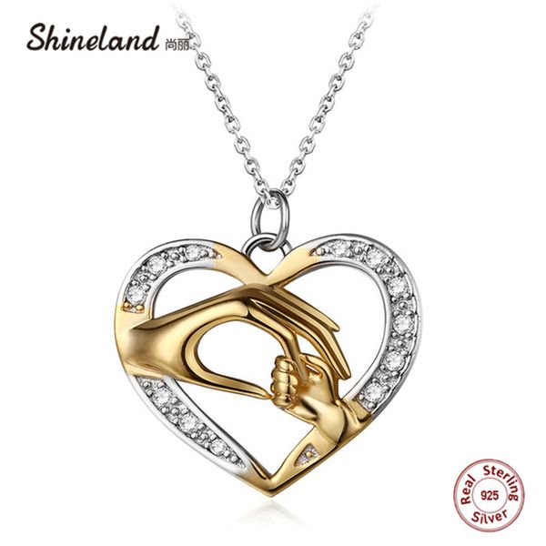 

shineland mom loves baby hand in hand 925 sterling silver fashion zircon charm necklace & pendant mother's day gift for mom
