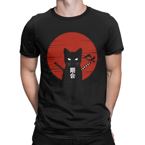 

samurai cat men t shirts ninja japanese style leisure tees short sleeve crewneck t-shirts 100% cotton 4xl 5xl gift idea
