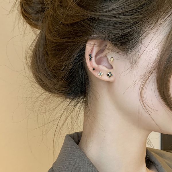 

stud 925 sterling silver earring fashion geometric mini cute black zircon star circle personality wild girl ear jewelry, Golden;silver