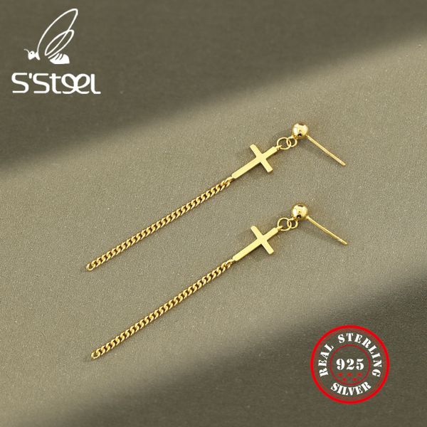 

s'steel крест кисточкой серьги для женщин 925 стерлингового серебра dorp earings цепи длинные корейский серьги золото earing изящных ювелирн, Silver