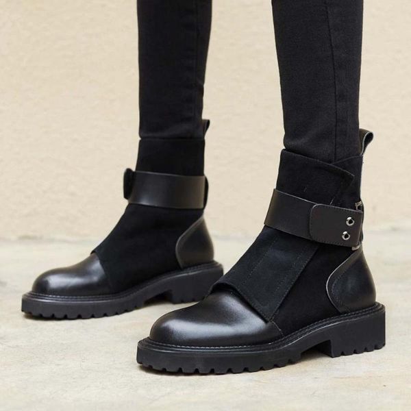 

sarairis fashion platform patchwork boots women solid boots ladies round head chunky buckle casual ankle shoes, Black