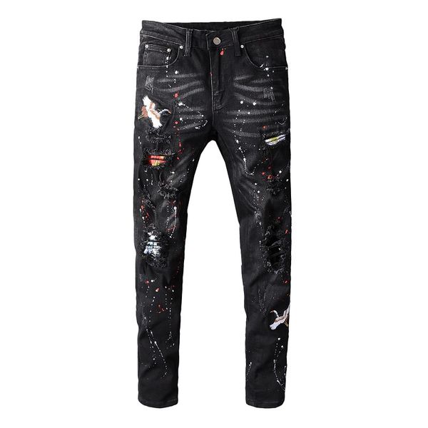 

men's black jeans embroidered painted ripped jeans streetwear holes stretch denim pants skinny pencil trousers for man, Blue