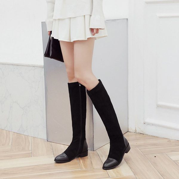 

2020autumn winte new leather women's shoes flat comfortable knight boots simple side zipper wild over the knee high long boots, Black