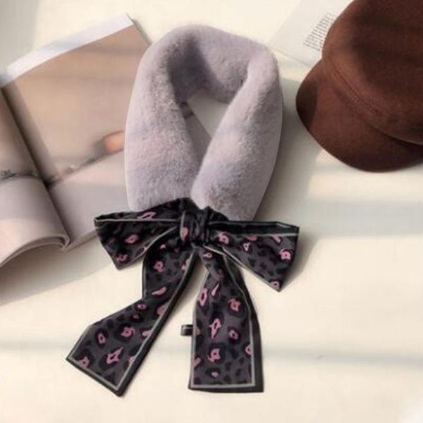 

women bowknot soft splice faux fur neckerchief easy matching leopard print scarf winter fashion warm, Blue;gray