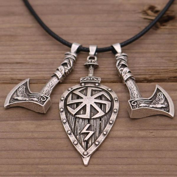 

linyicity pendant necklaces viking jewelry sword shield odin raven wolf axe amulet slavic kolovrat symbol talisman male necklace drop, Silver