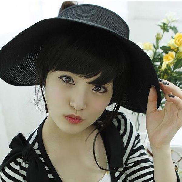 

women sunscreen hat beach cap sunbonnet visor straw hat female summer sunscreen folding big sun for girl, Blue;gray