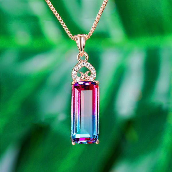 

pendant necklaces cute female rainbow crystal necklace rose gold color chain for women vintage small square wedding, Silver