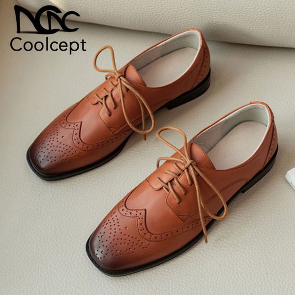 

coolcept women flats shoes genuine leather brogue shoes women spring square toe vintage square toe casual footwear size 34-39, Black