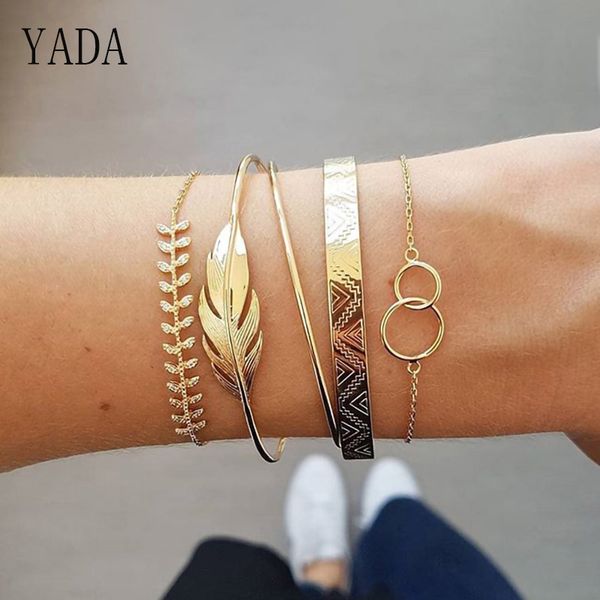 

yada gifts 5 pcs/set gold leaves bracelets&bangles for women tassel bracelets charm friendship crystal jewelry bracelet bt200003, Golden;silver