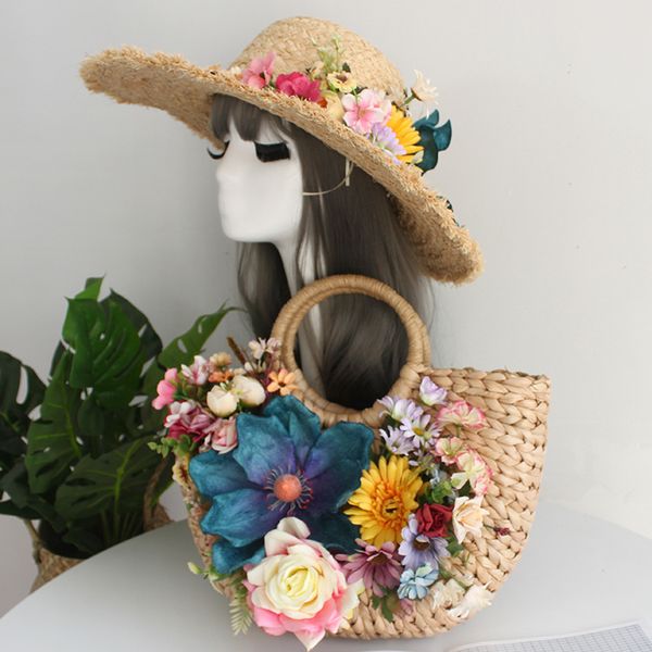 

women fashion multicolor artificial flower straw beach bag handmade high-end customized rattan summer holiday lady hat tote suit