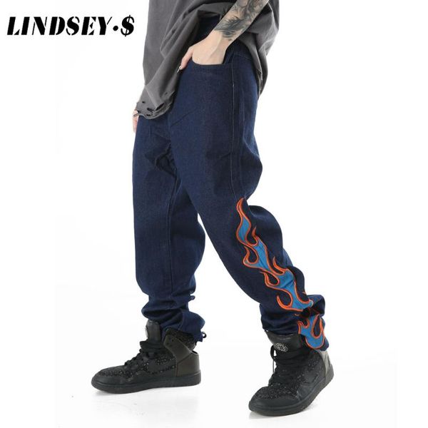 

lindsey seader 2020 hip hip pants streetwear men loose denim pants side fire print blue vintage denim harajuku joggers