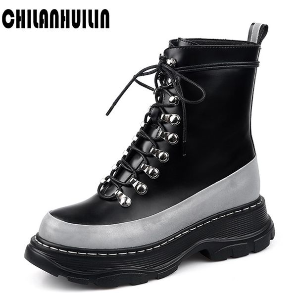 

punk style rivets boots female women shoes ankle 2020autumn british mixed leather thick heels short boots motorcycle shoe, Black