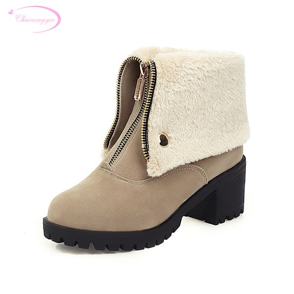

comfortable winter warm plush snow boots fashion zipper green apricot black mid-calf boots high heels chunky women's shoes