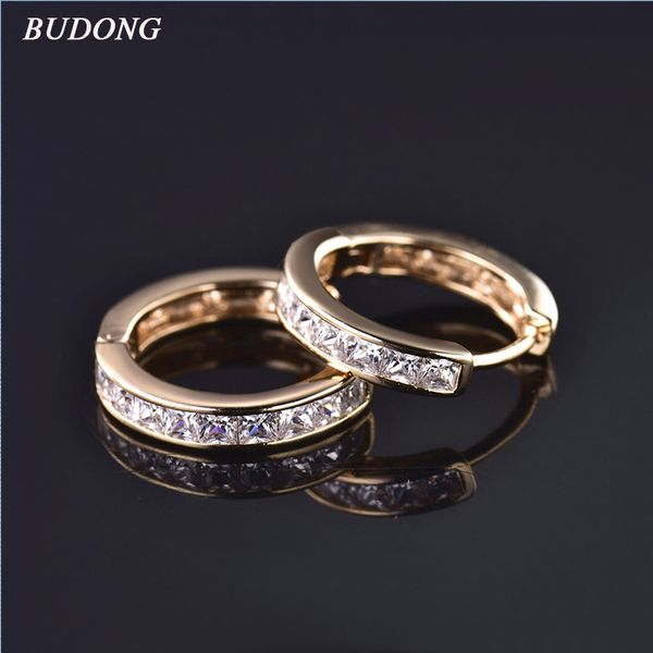 

hoop & huggie budong 2021 fashion pave princess crystal earrings for women silver/gold color white cubic zirconia wedding jewelry e135, Golden;silver