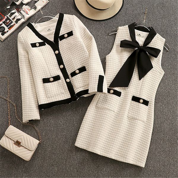 

vintage tweed two piece sets outfits women jacket coat + sleeveless mini dress suits elegant ladies autumn winter 2 pcs set 2020, White
