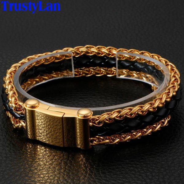 

fashion braided leather man bracelet male chain link gold stainless steel mens bracelets & bangles wrap men bracelet jewelry new, Golden;silver