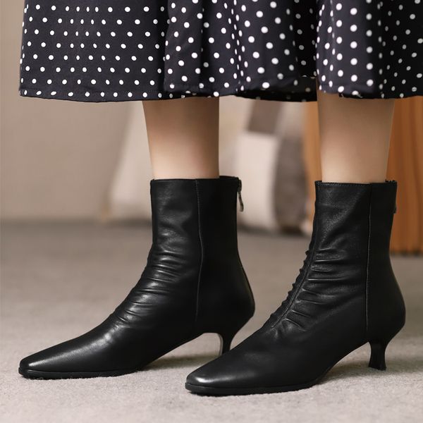 

boots eshtonshero women shoes leather casual woman winter zipper ankle square toe high heel size 2-10, Black