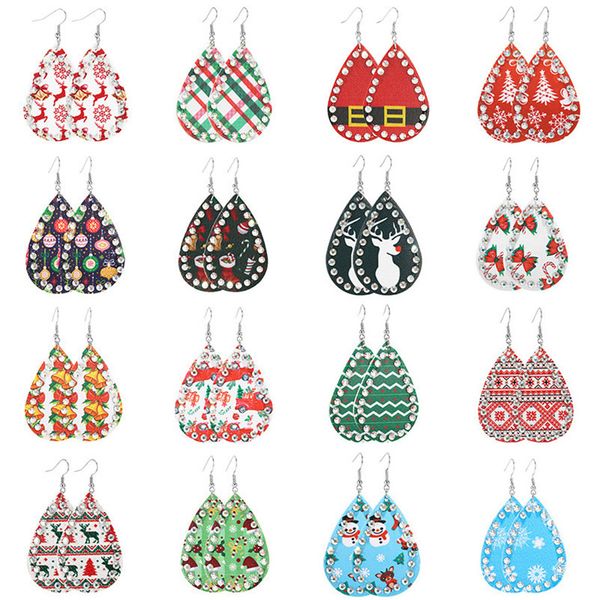 

popular pu leather earrings designers diamond christmas tree earrings snowman santa claus waterdrop earrings long drop for women d9210, Red;brown