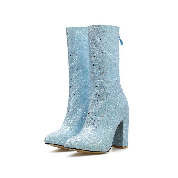 

2020 spring autumn female boots square thick high heels pointed toe mid calf boots bling party shoes sequins ladies footwear, Black
