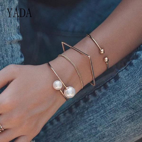 

yada gifts 4 pcs/set gold geometric square bracelets&bangles for women pearl bracelets crystal jewelry bt200028, Golden;silver